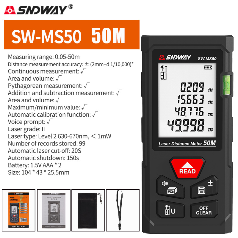 SNDWAY Rangefinder Laser Double Horizontal Bubble Distance Meter Range Battery-Powered Hand Tool Device SW-TG50 70 100 120. 