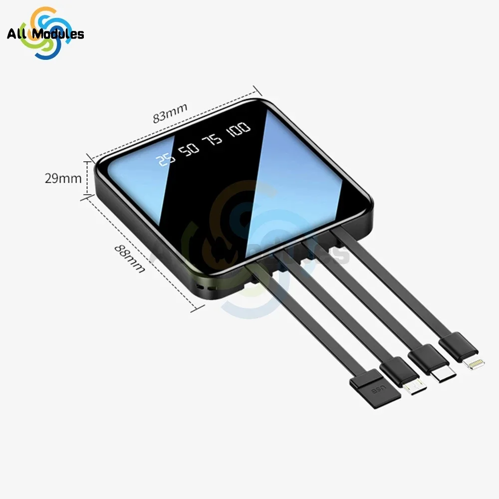 Portable Fast Charging 10,000mAh Mini Power Bank with Cable - LED Flashlight & Power Display