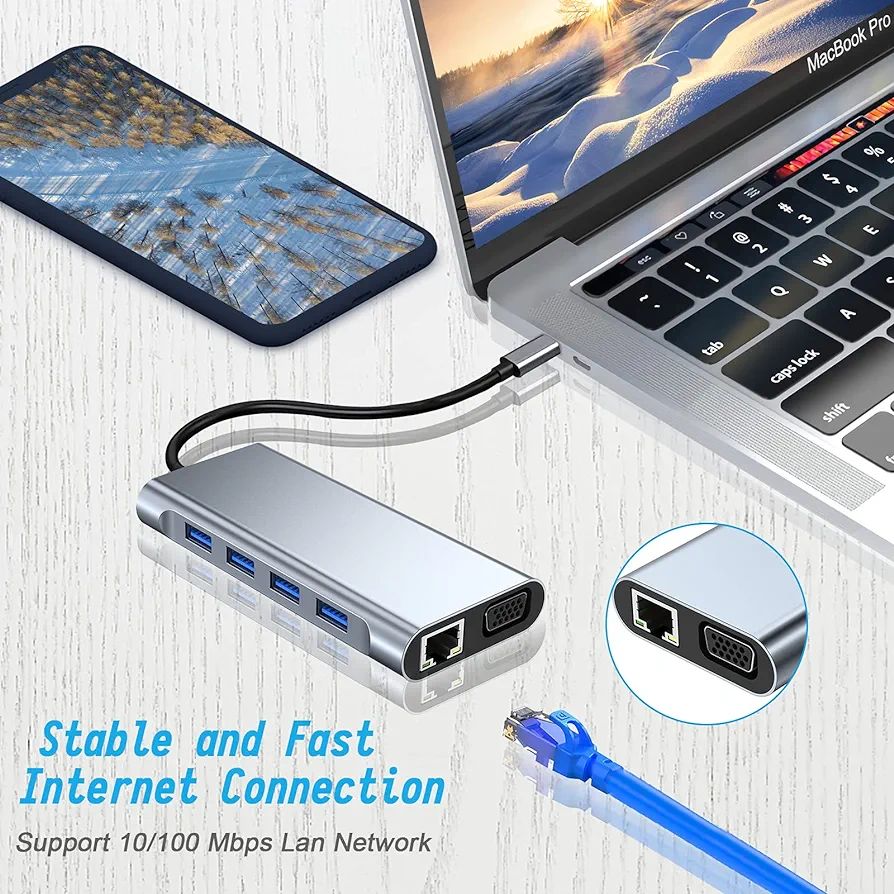 USB C HUB, USB C Adapter 11 in 1 Dongle with 4K HDMI, VGA, Type C PD, USB3.0, RJ45 Ethernet, SD/TF Card Reader, 3.5mm AUX, Docking Station Compatible. 