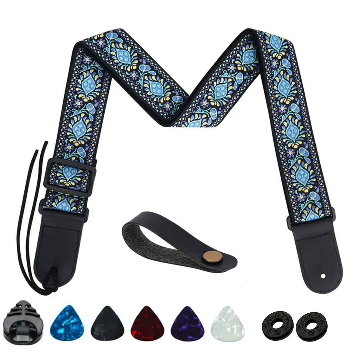 10Pcs Guitar Strap, Electric Guitars and Bass, Jacquard Weave Embroidered Adjustable Strap Includes 5 Picks and Pick Pocket. 