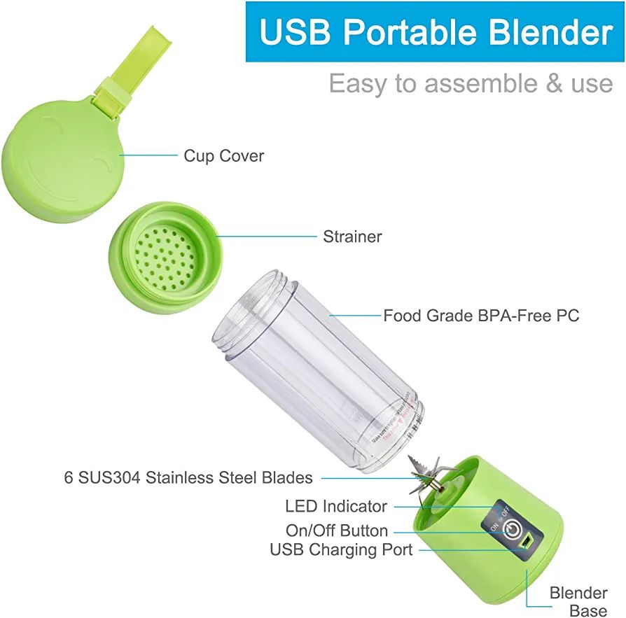 Portable Blender, Personal Size Blender Shakes and Smoothies, Mini Juicer Cup USB Rechargeable, Handheld Travel Blender Fruit Mixer. 