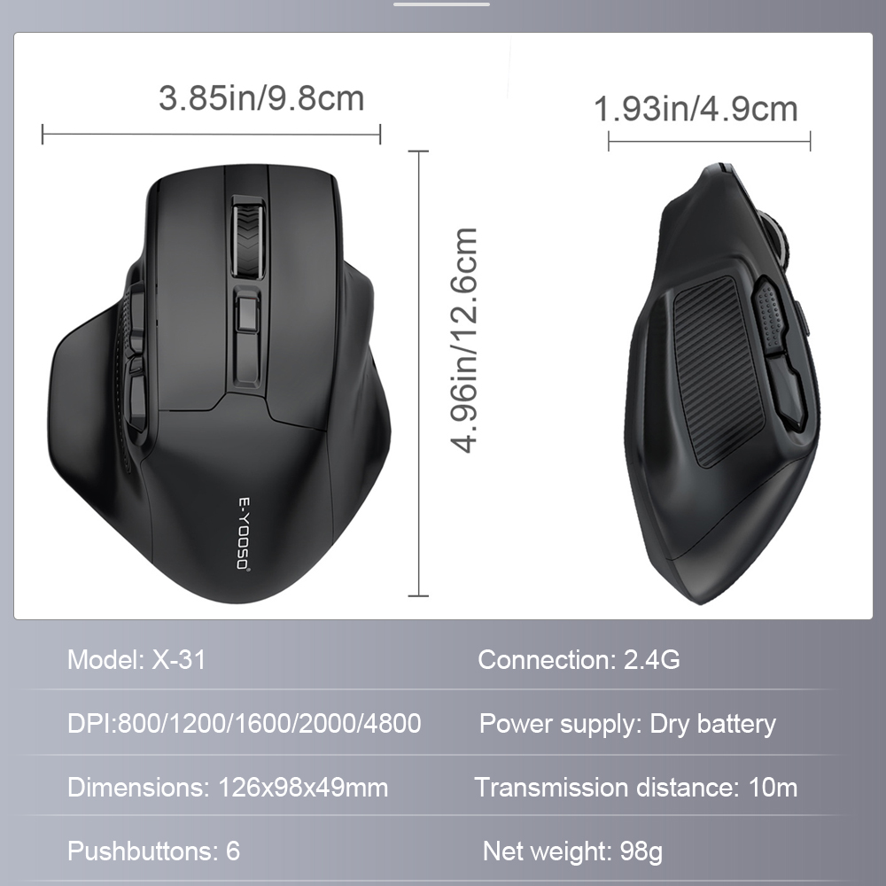 E-YOOSO X-31 USB 2.4G Wireless Gaming Large Mouse for Big Hands PAW3212 4800 DPI 5 buttons for gamer Mice computer laptop PC. 