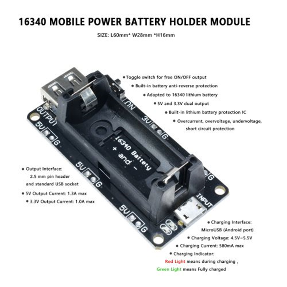 16340 Micro USB Power Bank Battery Charger Module Dual Output 3.3V 5V Rechargeable Battery Holder Lithium Battery Charging Board. 