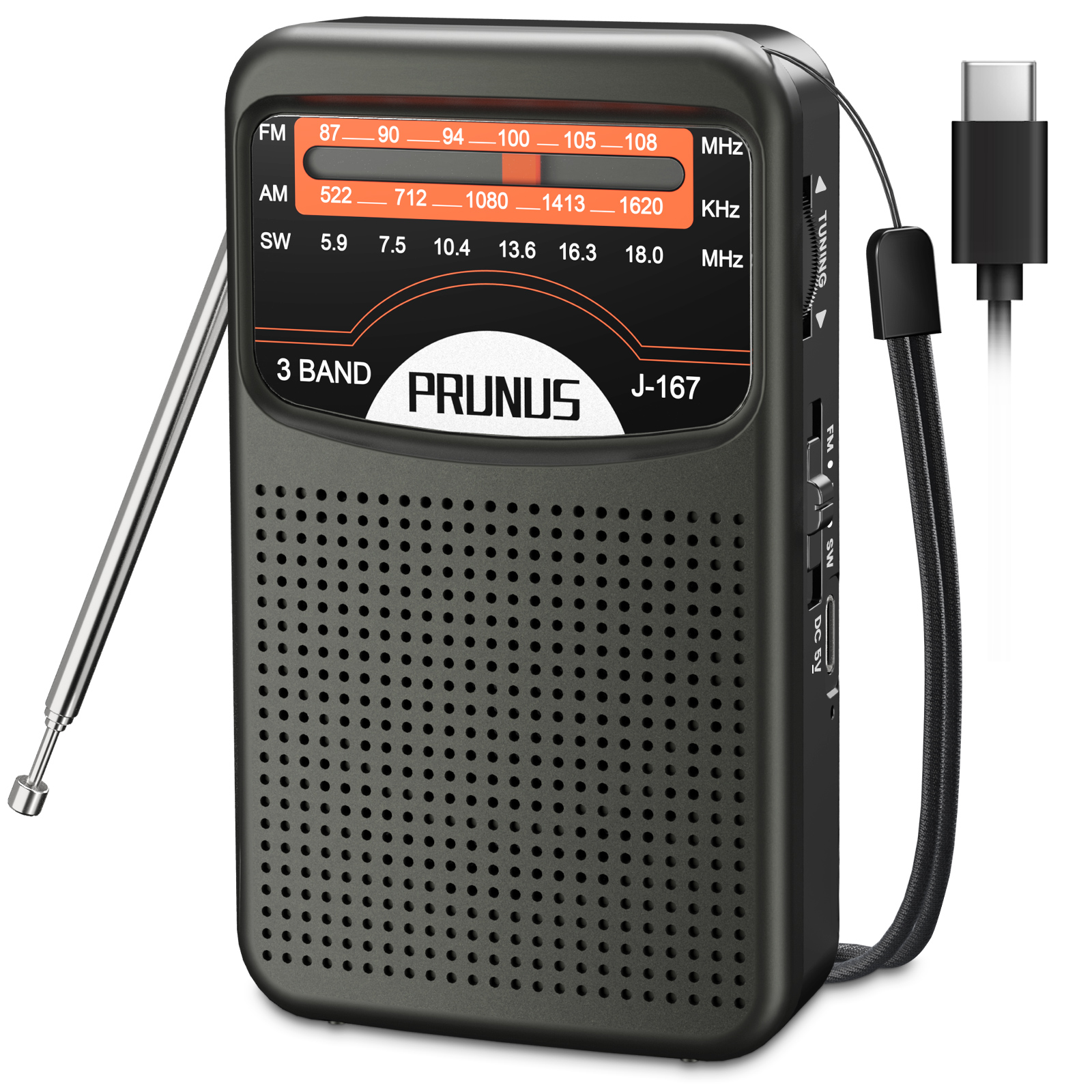 PRUNUS J-167 Portable Radio AM FM SW with 500mAh Rechargeable Battery UsB-c charging Handheld Radio Walkman 3w speaker