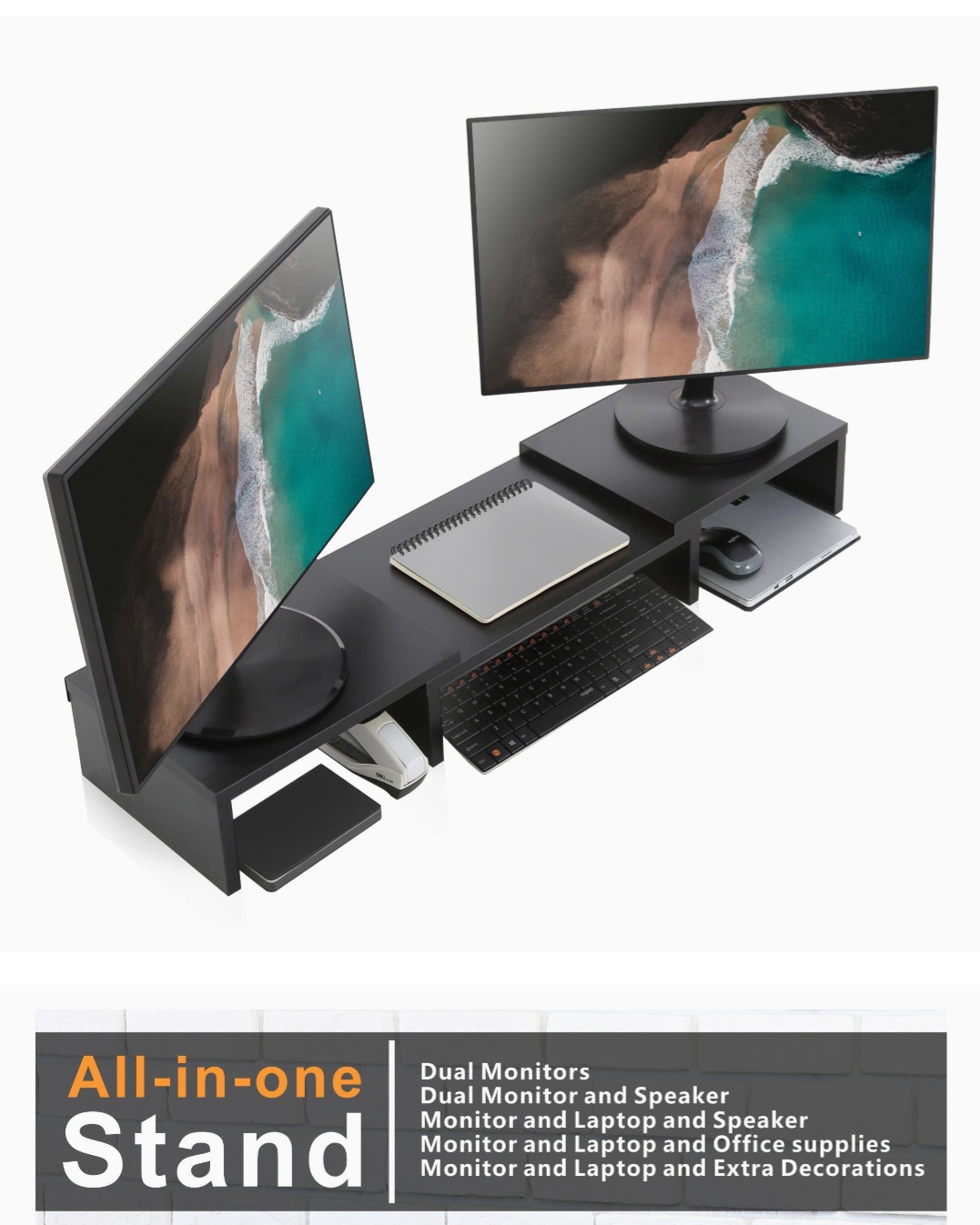 Dual Monitor Stand Riser with Adjustable Length Multi Media Speaker TV PC Laptop Computer Screen Desktop Storage . 