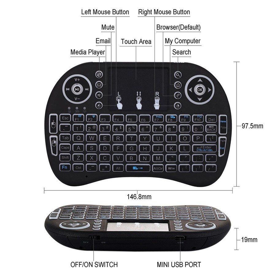 I8 Mini Wireless Keyboard Backlight 2.4G Air Mouse Remote Control Touchable Handheld for Smart Android TV Box Desktop PC. 