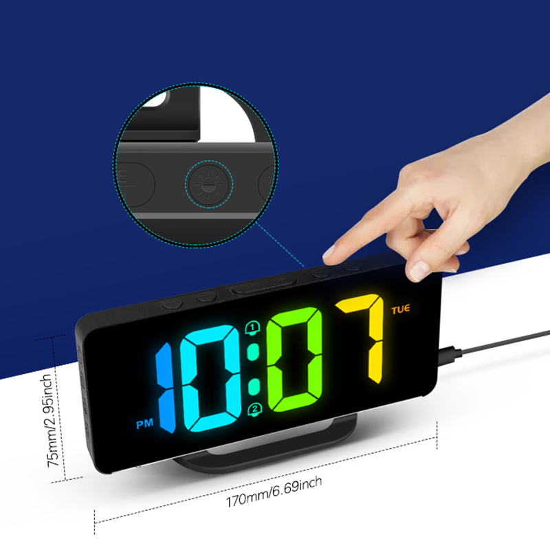 Digital Alarm Clock Desk/Wall Dimmable Electronic Clock with RGB Atmosphere Night Light  Rainbow Time USB Charger Week Display. 