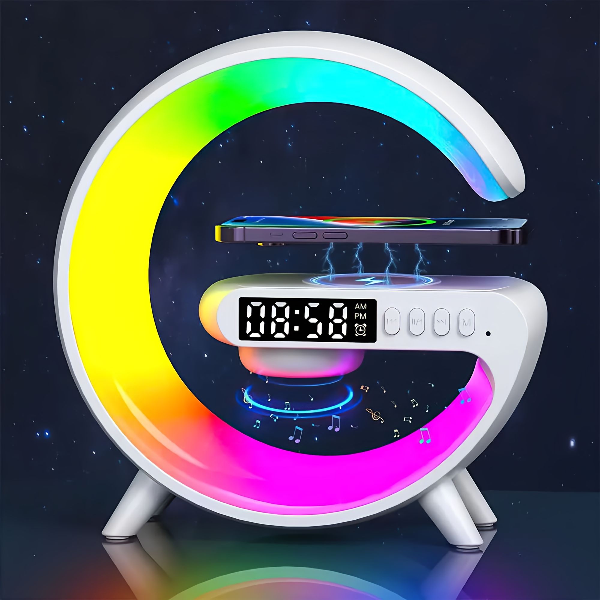 Smart G Lamp Bluetooth Speaker Wireless Charger RGB Alarm Clock Night Light. 