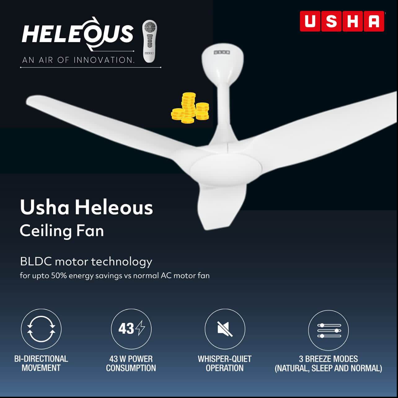 USHA Heleous 1220mm Premium BLDC Ceiling Fan with Rust Free ABS Blades and RF Remote (White). 
