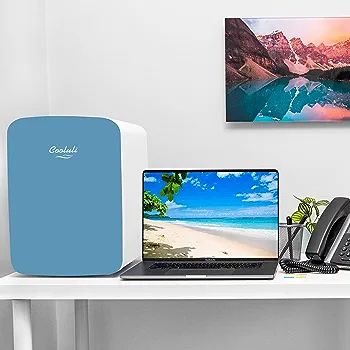 Cooluli 15L Mini Fridge for Bedroom - Car, Office Desk & College Dorm Room - 12v Portable Cooler & Warmer for Food, Drinks, Skincare, Beauty & Makeup - AC/DC Small Refrigerator with Glass Front, Blue. 