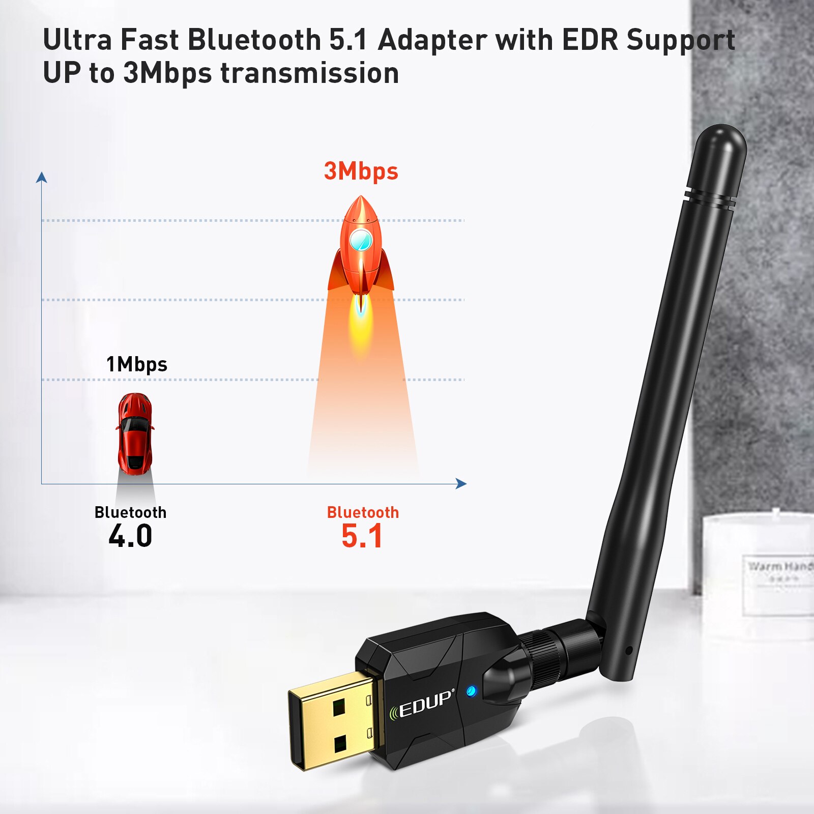 EDUP 100M Bluetooth Adapter USB Bluetooth 5.1 Wireless Receiver Transfer For PC and Desktop Audio Wireless Mouse Adapter. 