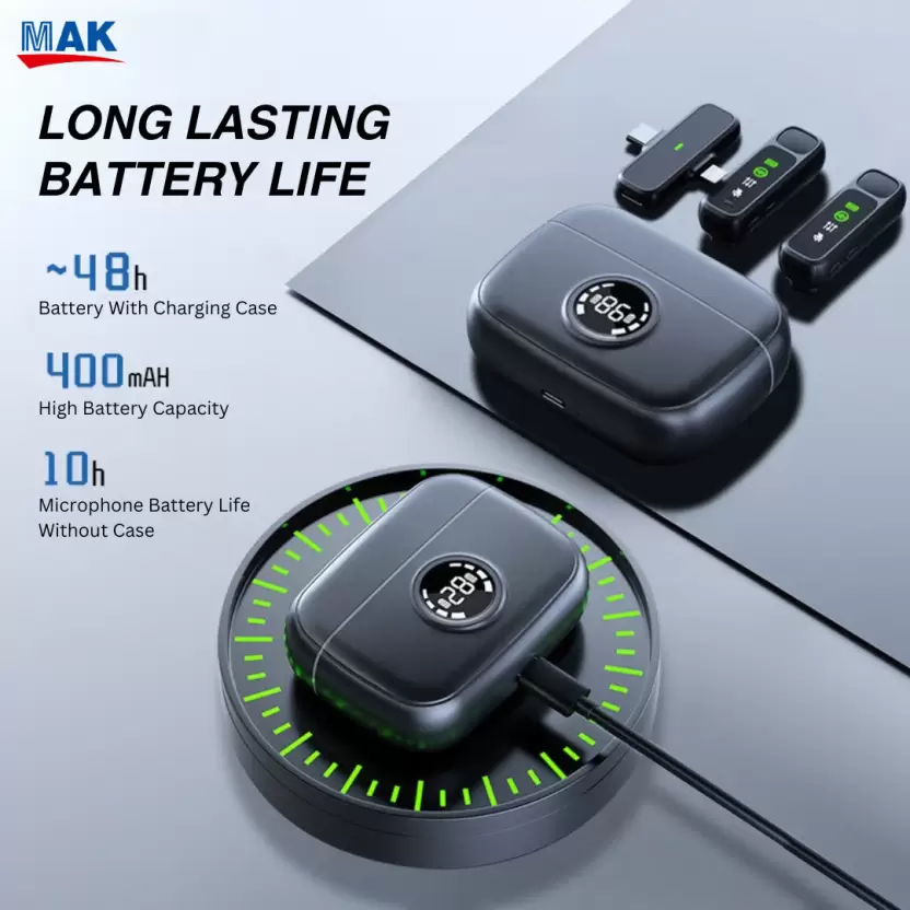 MAK Wireless Mic with Charging Case, Display, Noise Reduction, For Recording,YouTube Microphone. 