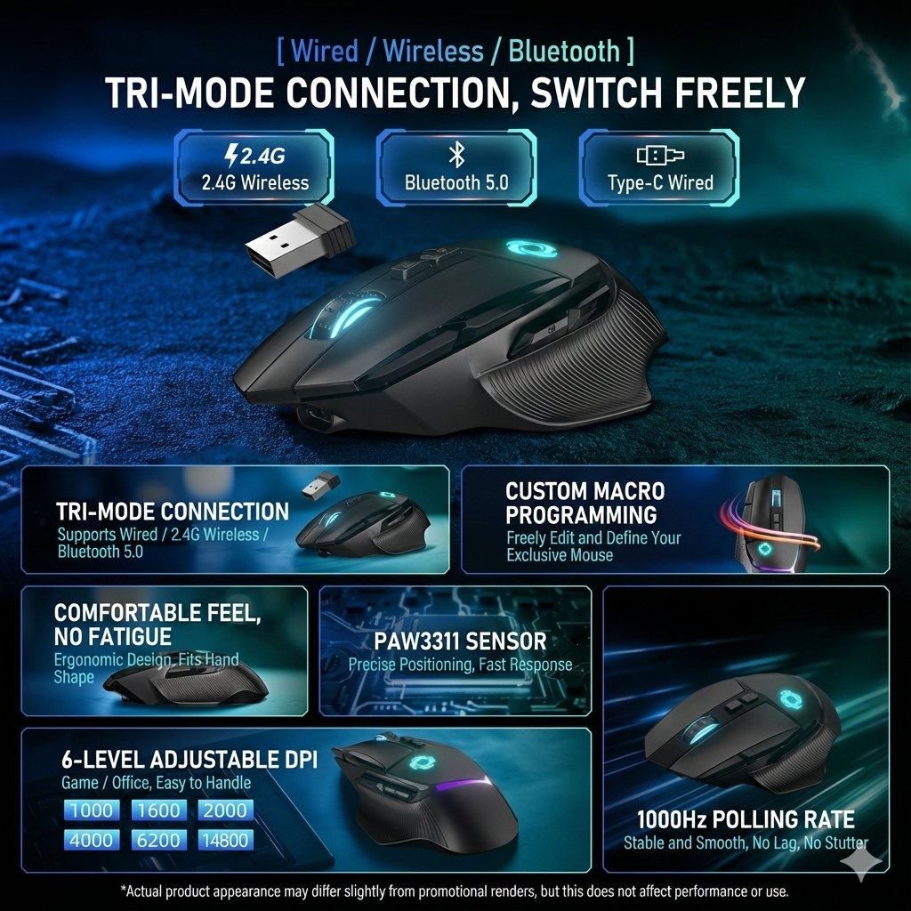 Mobifren Tri-Mode Wireless RGB Gaming Mouse - View 4