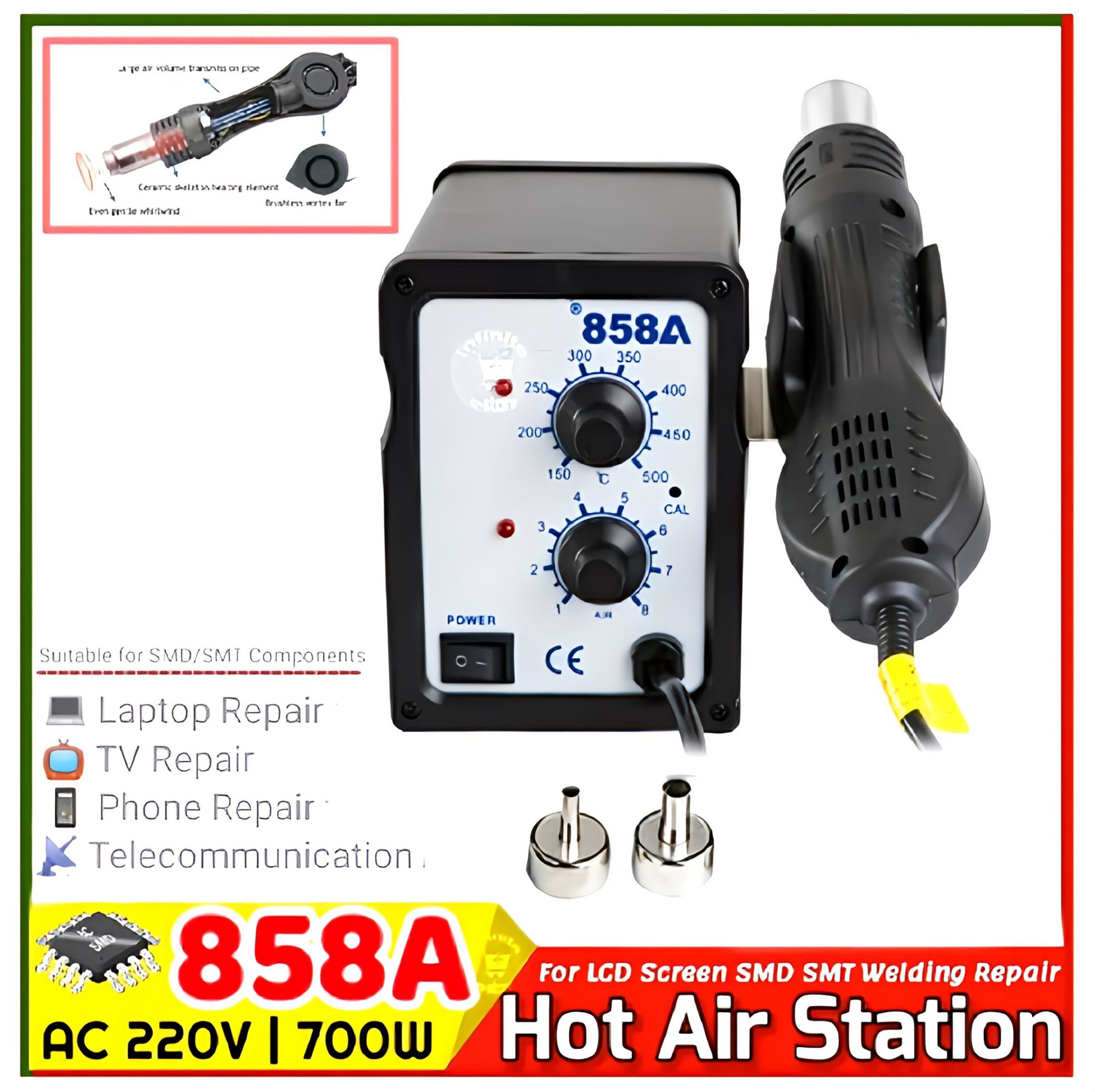 Analog 858A Hot Air Soldering Station Multifunction SMD/SMT Rework station with LED Indicator Light Replace  Baku Active Quick Koocu 858D 878D+ BK-858A. 