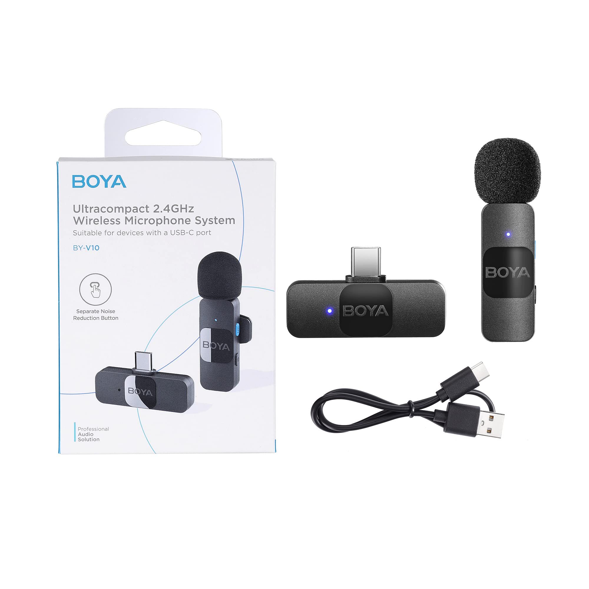 BOYA BY-V10 2.4GHz Omni Wireless Microphone with USB-C receiver and clip-on transmitter