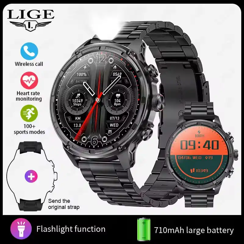 LIGE BWV99 New Smart Watch LED flashlight large display Men 710mAh Battery Sports Fitness Man Watch Bluetooth Call Health Monitoring Men Smartwatch For Android ios