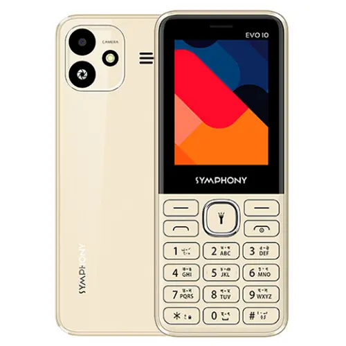 Symphony EVO 10  4G, VoLTE Enabled  Facebook, YouTube, Opera Mini, Tiktok  2000 Phonebook Contacts  128MB ROM + 48MB RAM  2.4” Display, 2.5D Lens  Digital Camera with Flash  1500mAh Battery  Slim Design