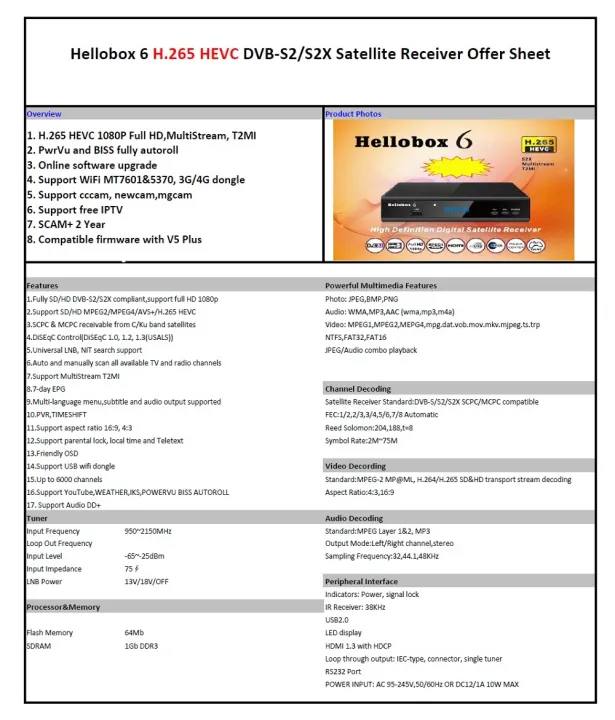 Hellobox 6 satellite tv receiver H.265 HEVC DVB-S2/S2X 1080P multistream/t2mi satellite tv decoder. 