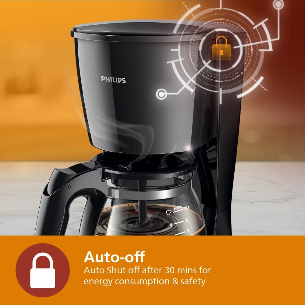 Philips coffee maker HD7432/20 with glass jug makes 2-7 cups in 10 min brewing time, compact design that takes little space in your kitchen, water level indicator. 