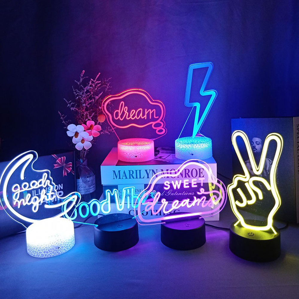 3D LED Night Light Room Decor Good Vibes Dream Open Hello Flash Neon Sign Table Lamp for Home Party Wedding Decor 7/16 Colors