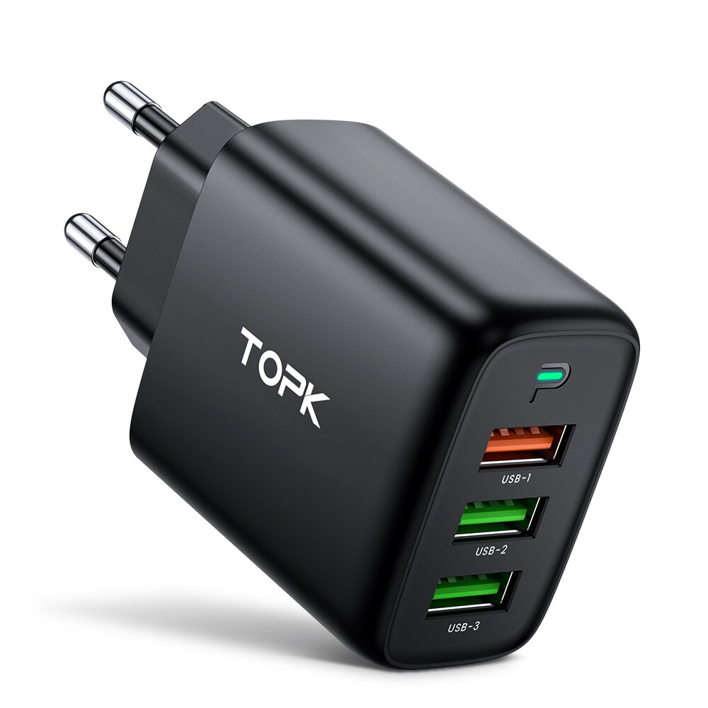TOPK 30W 3-Port USB Charger Multiple with Intelligent QC 3.0 Technology for IPhone, IPad,Samsung Galaxy, Nexus, HTC,Motorola, LG. 