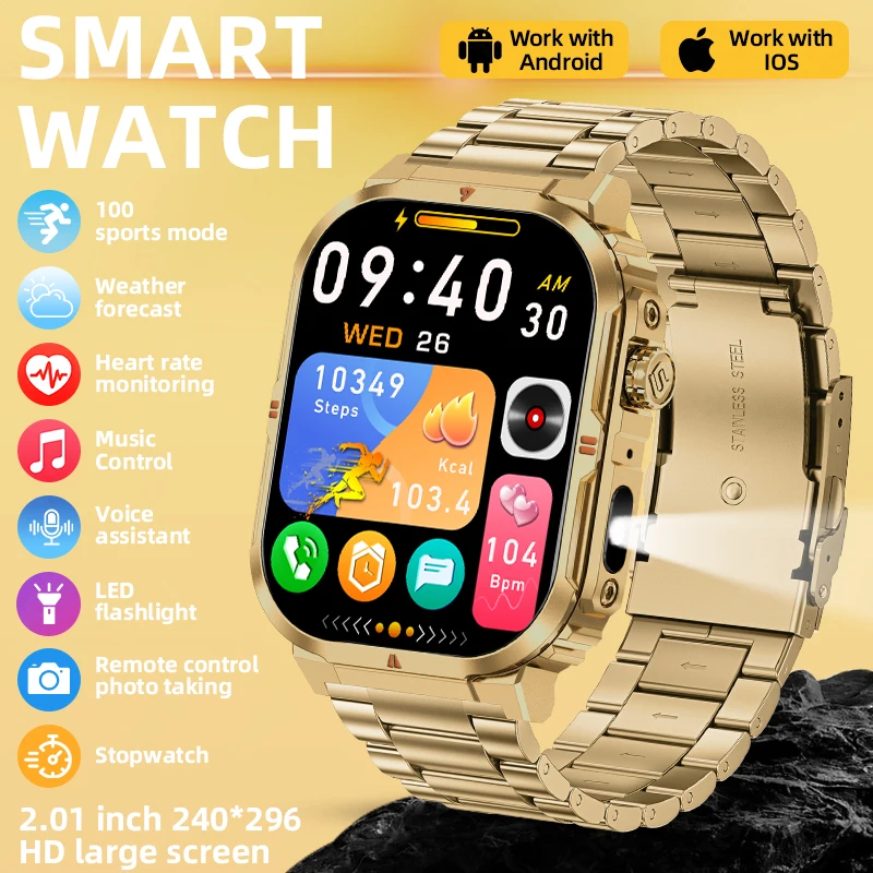 LIGE Men Smart Watch New Bluetooth Call 2.01'' Large Screen Flashlight Watches Waterproof Outdoor Sport Fitness Smartwatch Women