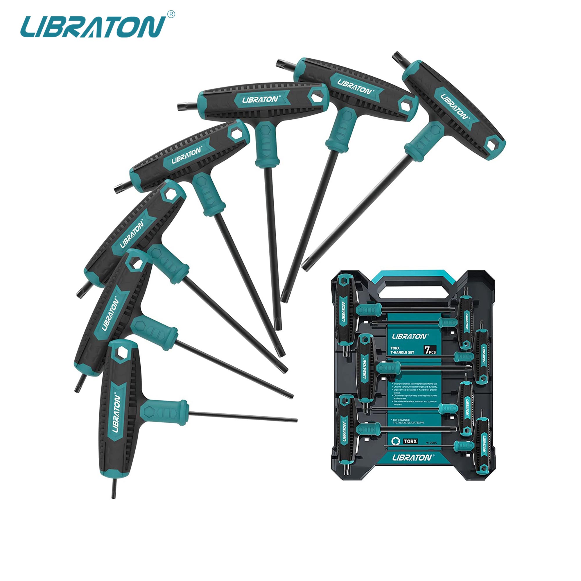 Libraton 7Pcs T-Handle Torx Key Set T Handle Wrench Set, Two-tip Design, T10-T40, Suitable for Torx Screws Auto Bike Repair Tool