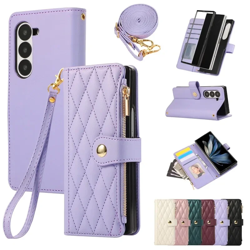 Crossbody Wrist Strap Wallet with Card Holder Phone Case for Z Fold 7 6 5 4 Fold6 Fold5 Fold4 Fold3 Leather Cover