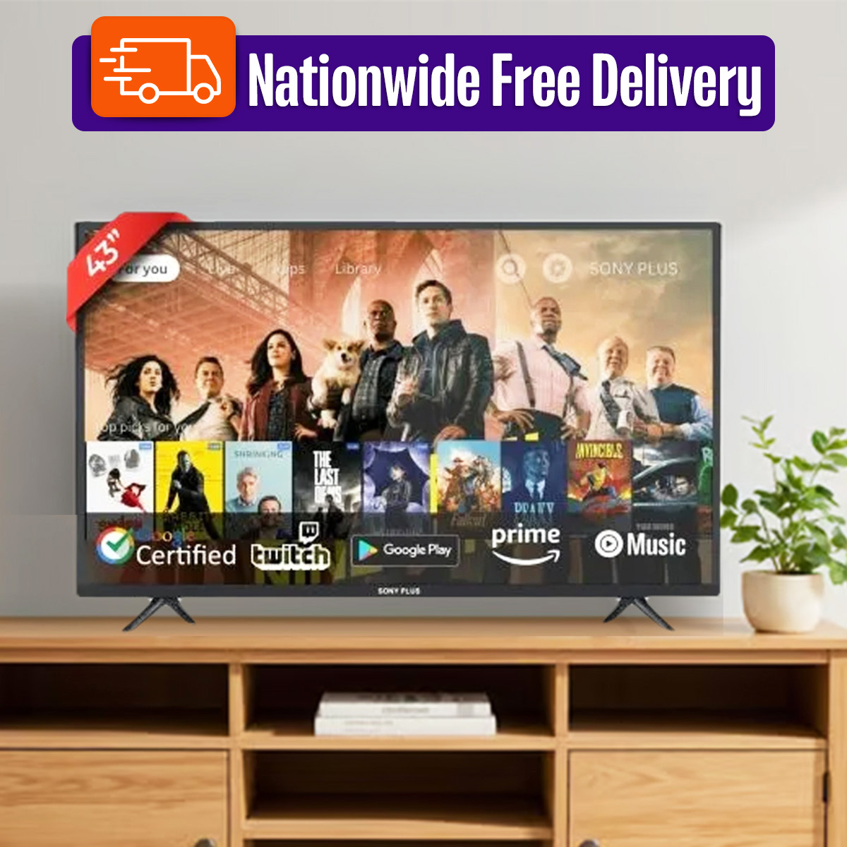 Sony Plus 43 inch Double Glass Voice Control Smart LED TV Wi-Fi Full HD 4K Supported Android Television