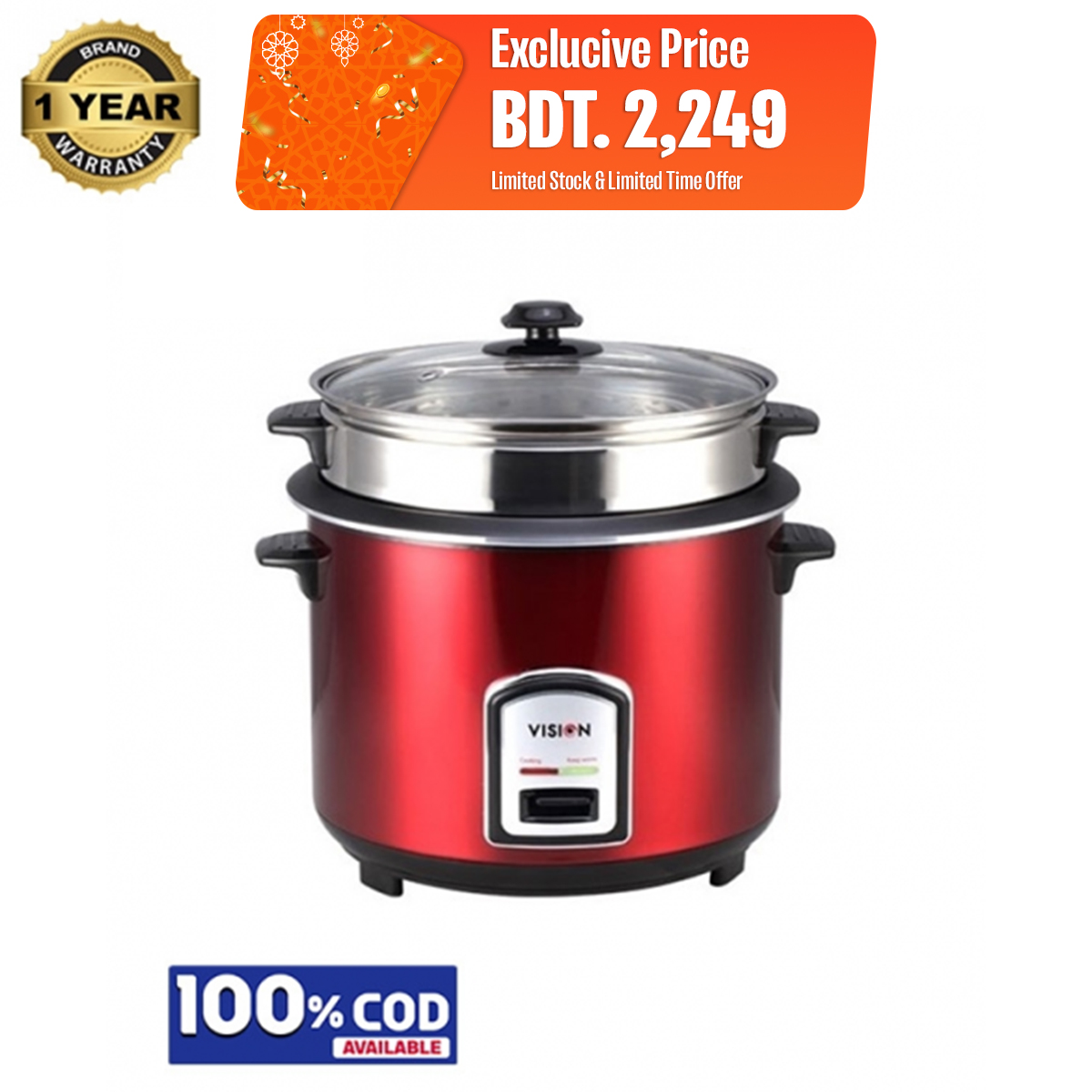 Vision RC-3.0L REL-50-05 SS Red Color Single Pot Rice Cooker (Regular 873396) with Free Delivery