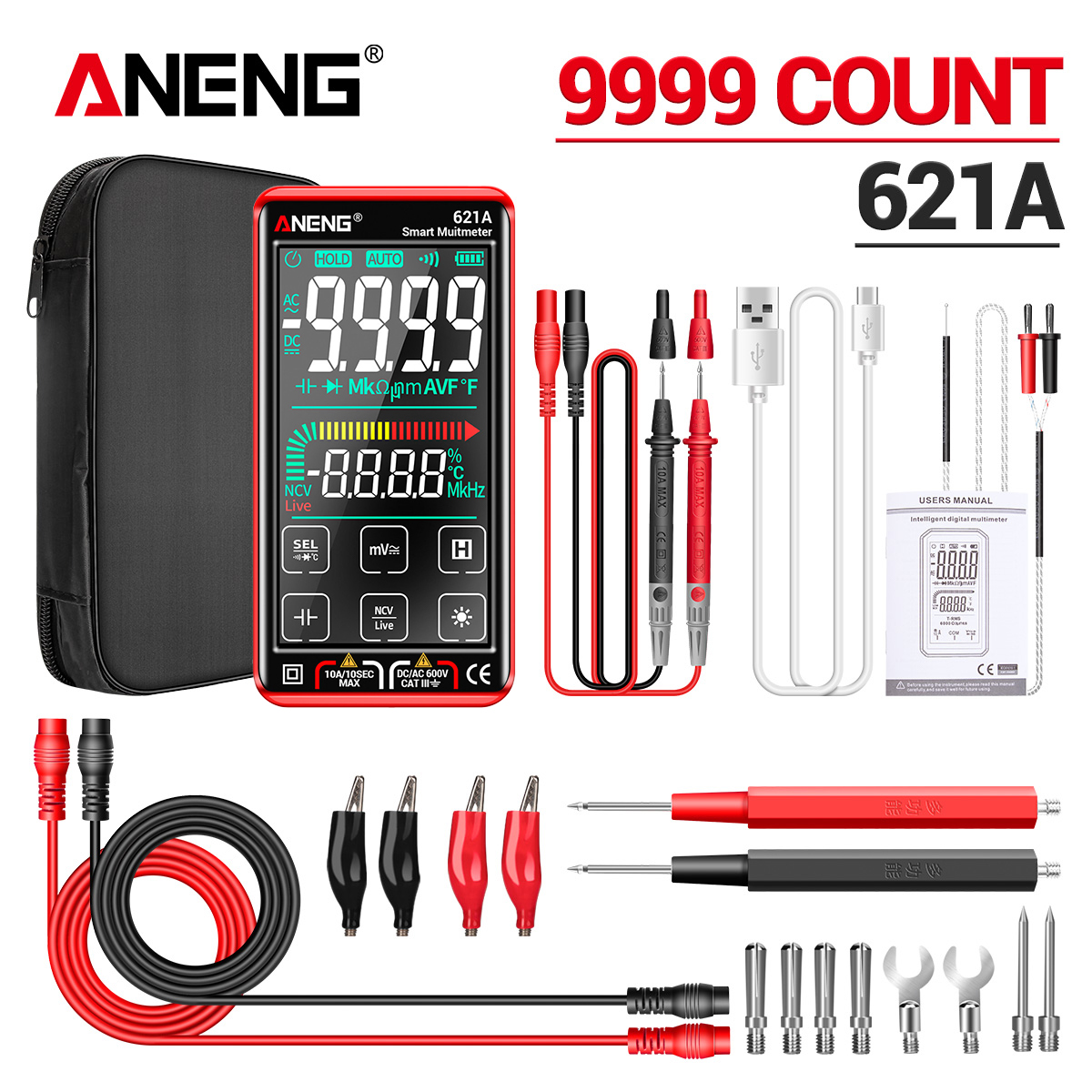 ANENG 621A Smart Digital Multimeter Touch Screen Multimetro Tester Transistor 9999 Counts True RMS Auto Range DC/AC 10A Meter. 