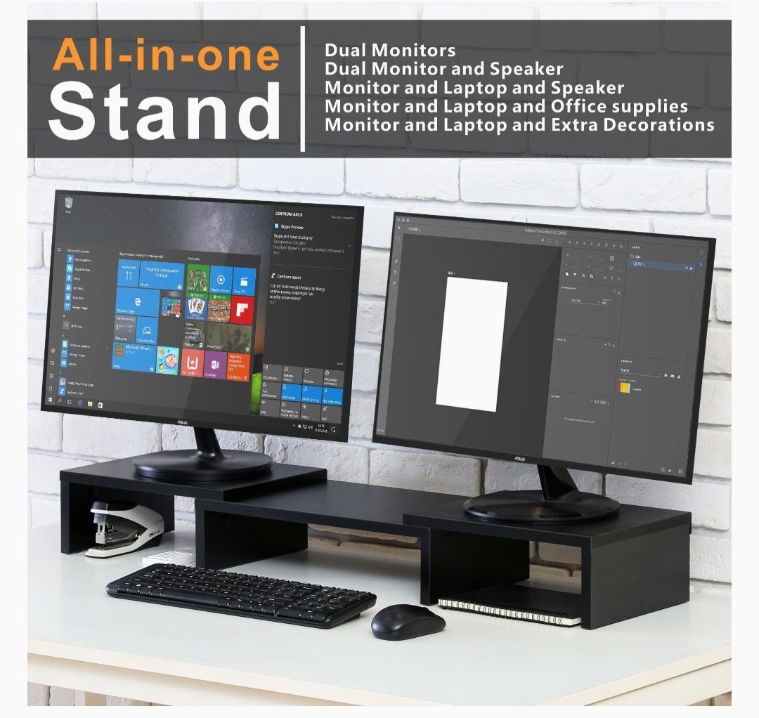 Dual Monitor Stand Riser with Adjustable Length Multi Media Speaker TV PC Laptop Computer Screen Desktop Storage . 