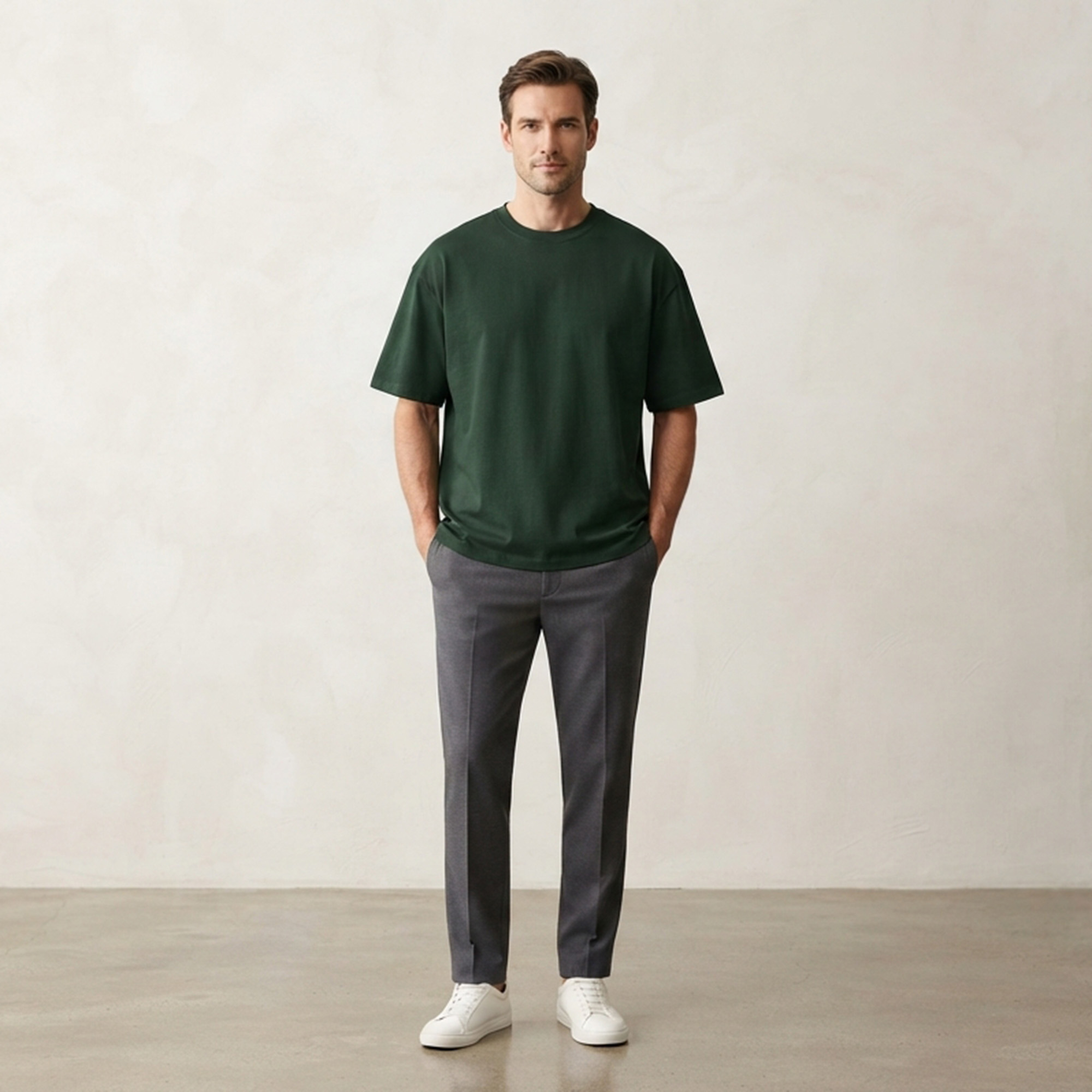 BOTTLE GREEN DROP SHOULDER COTTON HALF SLEEVES T-SHIRT FOR MEN