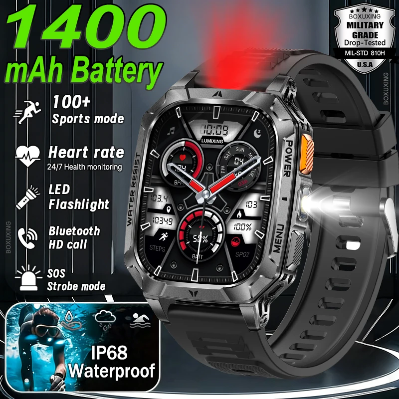 New 1400 mAh Battery Smartwatch Men IP68 Waterproof Flashlight Health Monitor Sports Call Smart Watch For iOS Android