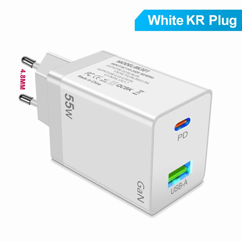 55W USB C PD Korea GaN Charger QC3.0 Fast Charging KR Plug For iPhone 15 14 Pro Max iPad Xiaomi Samsung S23 POCO. 