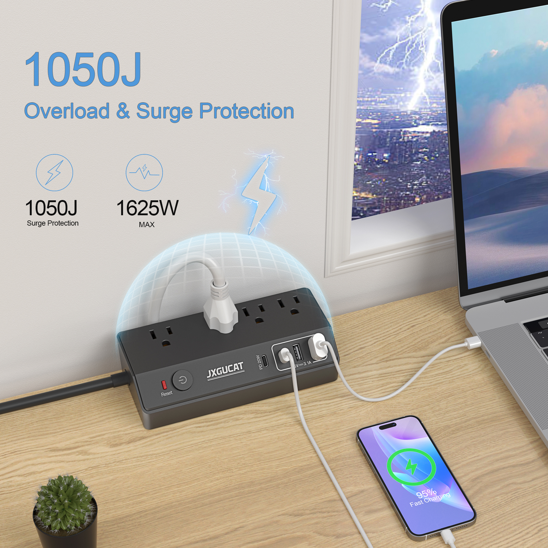 US Removable Fast Charging Desktop Edge Power Strip Surge Protector, 10 ft Extension Cord Flat PlugDesk Clamp Power Strip. 