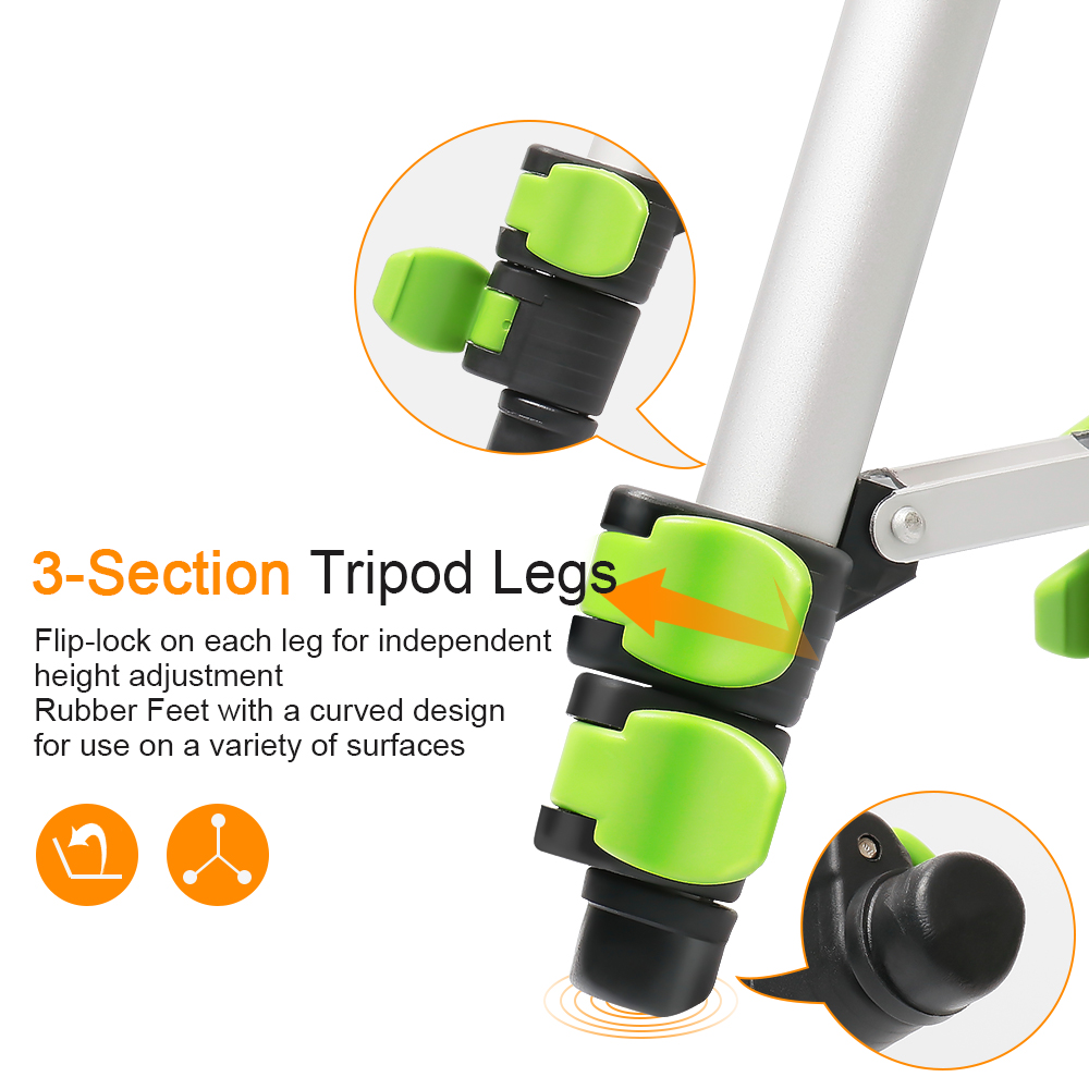 Huepar Aluminum Portable Adjustable Tripod for Laser Level Camera with 3-Way Flexible Pan Head Bubble Level 1/4"-20 Screw Mount. 