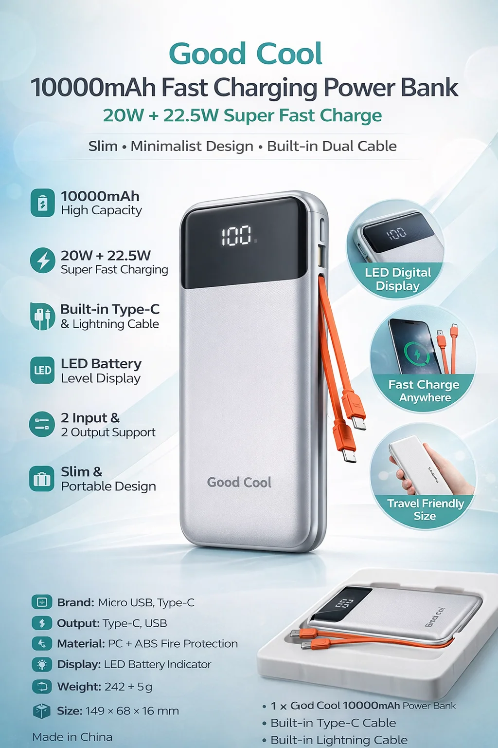 Good Cool 10000mAh Power Bank 20W + 22.5W Super Fast Charging with Built-in Type-C & Lightning Cable