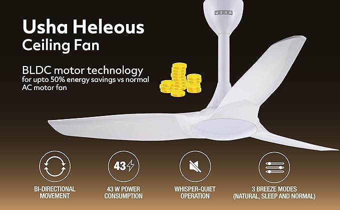 USHA Heleous 1220mm Premium BLDC Ceiling Fan with Rust Free ABS Blades and RF Remote (White). 