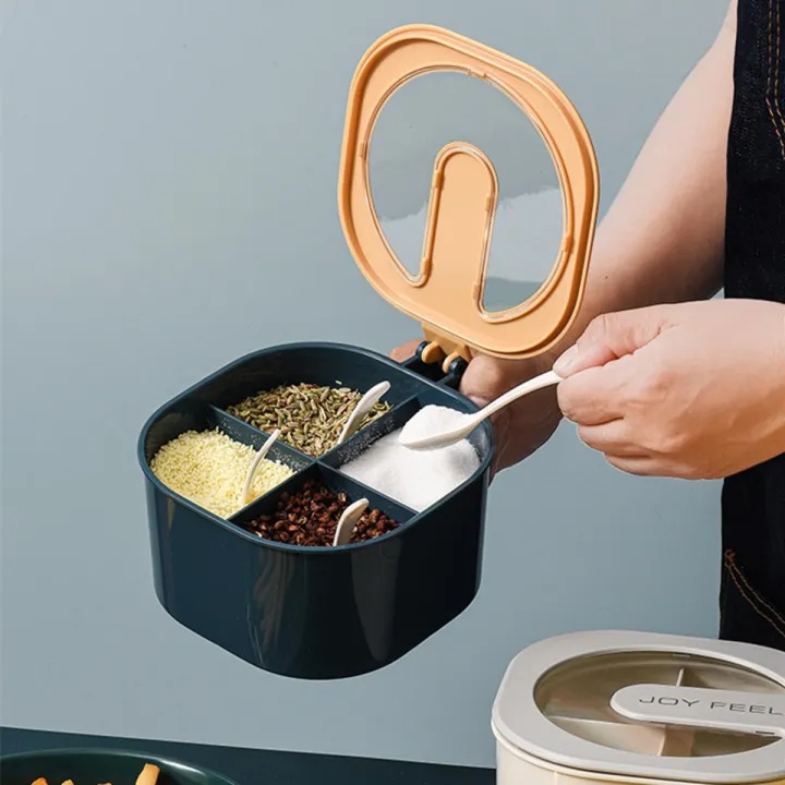 4-Section Spice Storage Box with Lids & Serving Spoons | Kitchen Organizer Containers. 