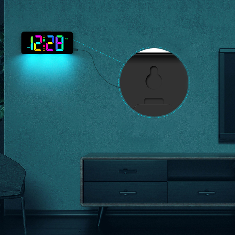 Digital Alarm Clock Desk/Wall Dimmable Electronic Clock with RGB Atmosphere Night Light  Rainbow Time USB Charger Week Display. 