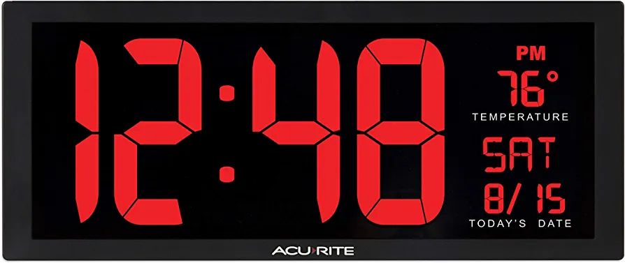 AcuRite Large Digital LED Oversized Wall Clock with Date and Temperature, Perfect for Home or Office (75127M), 14.5-Inch, Red