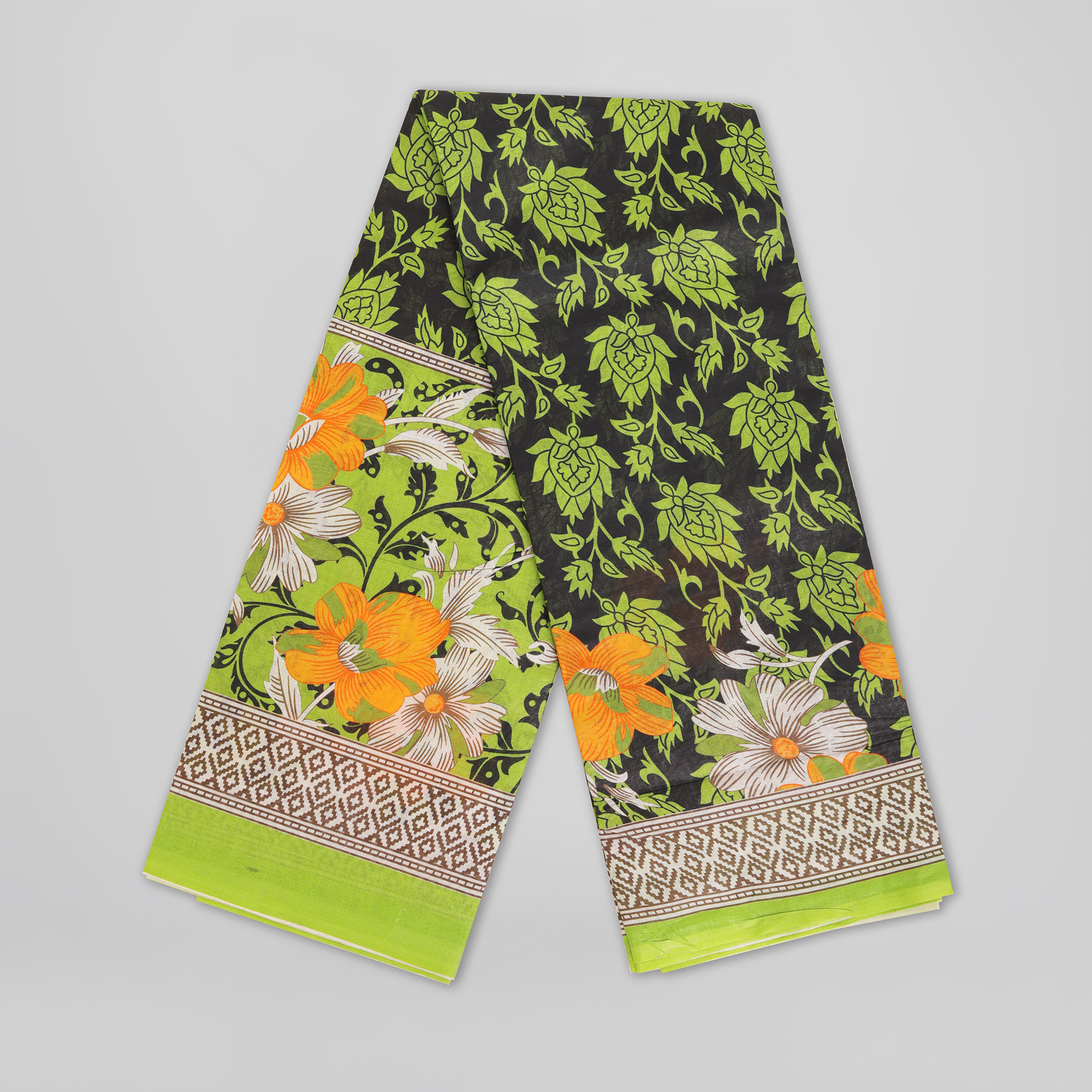 Bright Orange & White Floral Print on Olive Green Body | Digital Printed Saree | Contrast Aanchal & Border. 