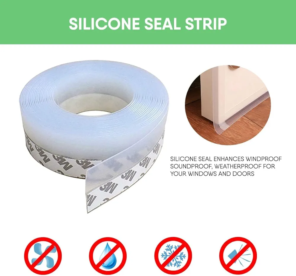 Weather Stripping Door Seal Strip 3M Silicone Self -Adhesive Tape for Bottom of Door, Door Draft Stopper Door Bottom Gap Replacement Strip Roll Soundproof