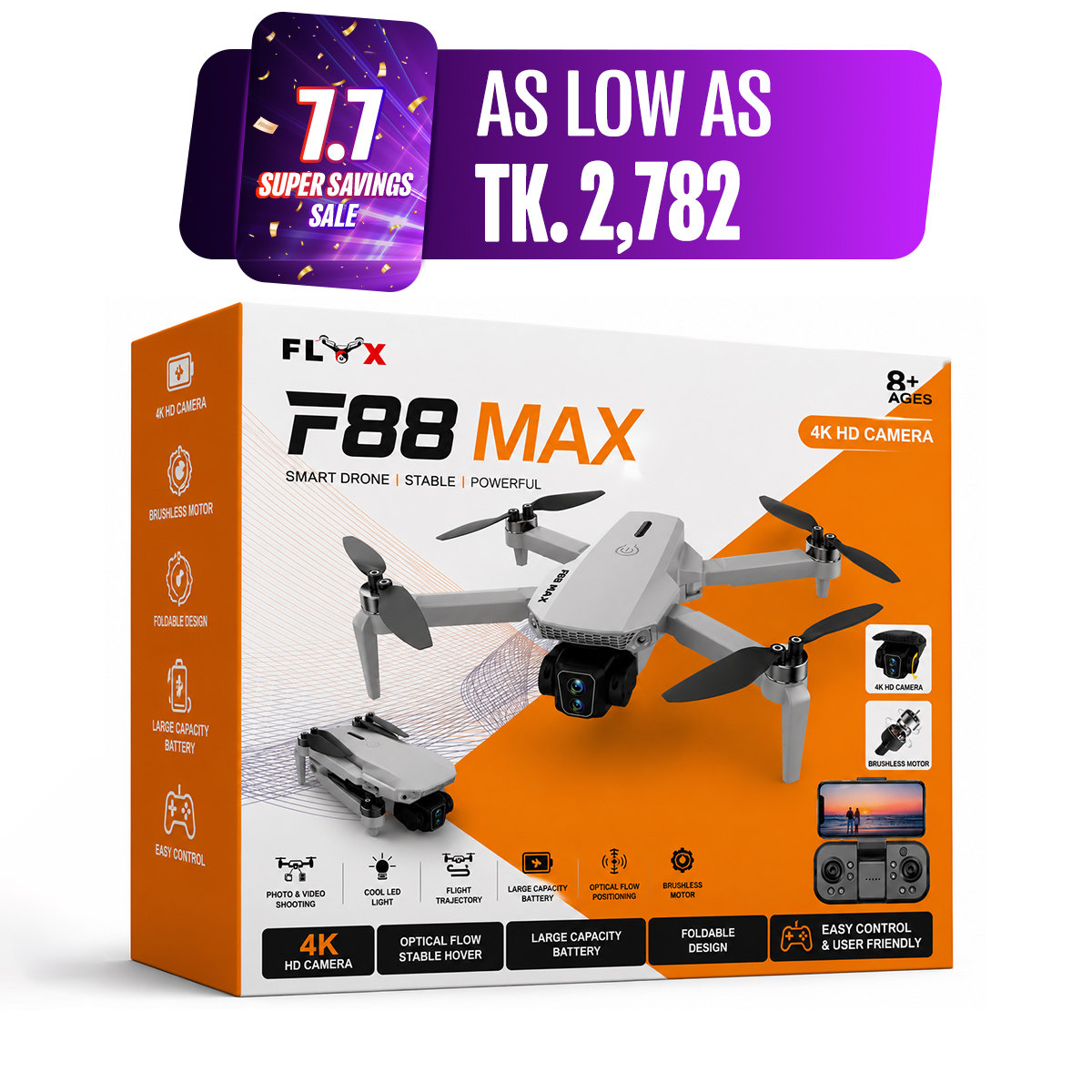 FLH F88 MAX Remote Rotate Camera Brushless Motor WiFi Drone for One Key Landing, Optical Flow Hover with 2 Battery