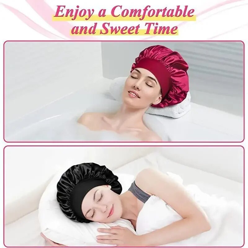 Women's Wide Brim Nightcap Silk Bonnet Hair Wrap for Sleeping Sleep Cap With Elastic Soft Band Sleep Cap With Elastic Soft Band. 