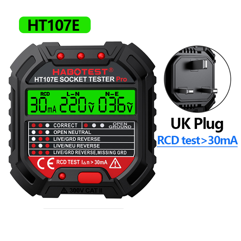 HT106 HT107 Socket Tester Pro Voltage Test Digital Outlet Socket Detect US/UK/EU Plug Ground Zero Line Plug Polarity Phase Check. 