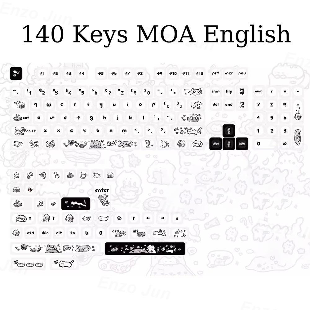 Naught Cat Black White Keycap 140 Keys MOA Profile PBT Keycaps Dye Sublimation for MX Switch Gaming Mechanical Keyboard Keycap. 