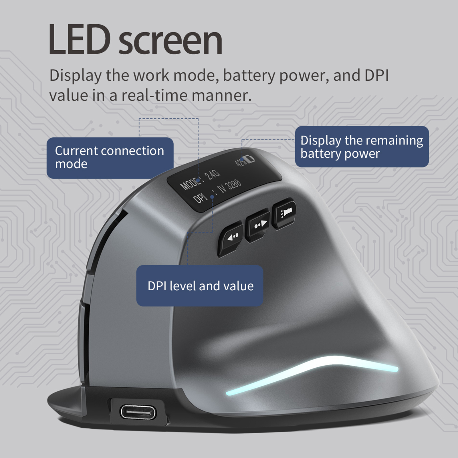 ZELOTES F-26C Mouse Rechargeable display dual-mode wireless mouse with silent 2.4GHz BT gray mouse. 