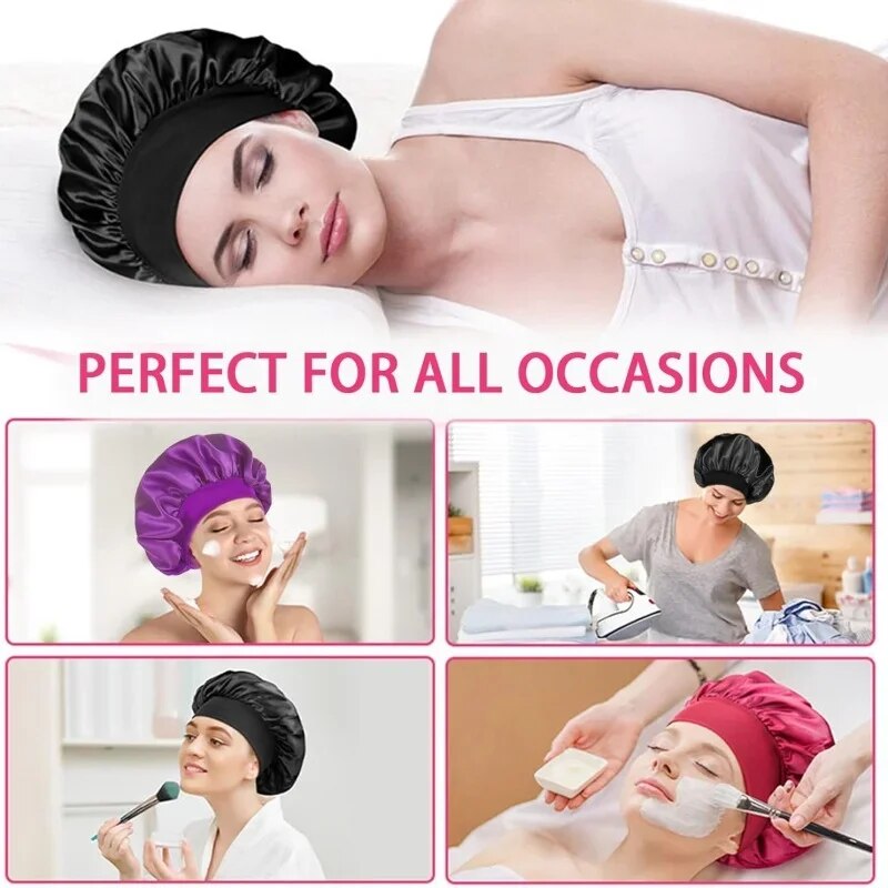 Women's Wide Brim Nightcap Silk Bonnet Hair Wrap for Sleeping Sleep Cap With Elastic Soft Band Sleep Cap With Elastic Soft Band. 